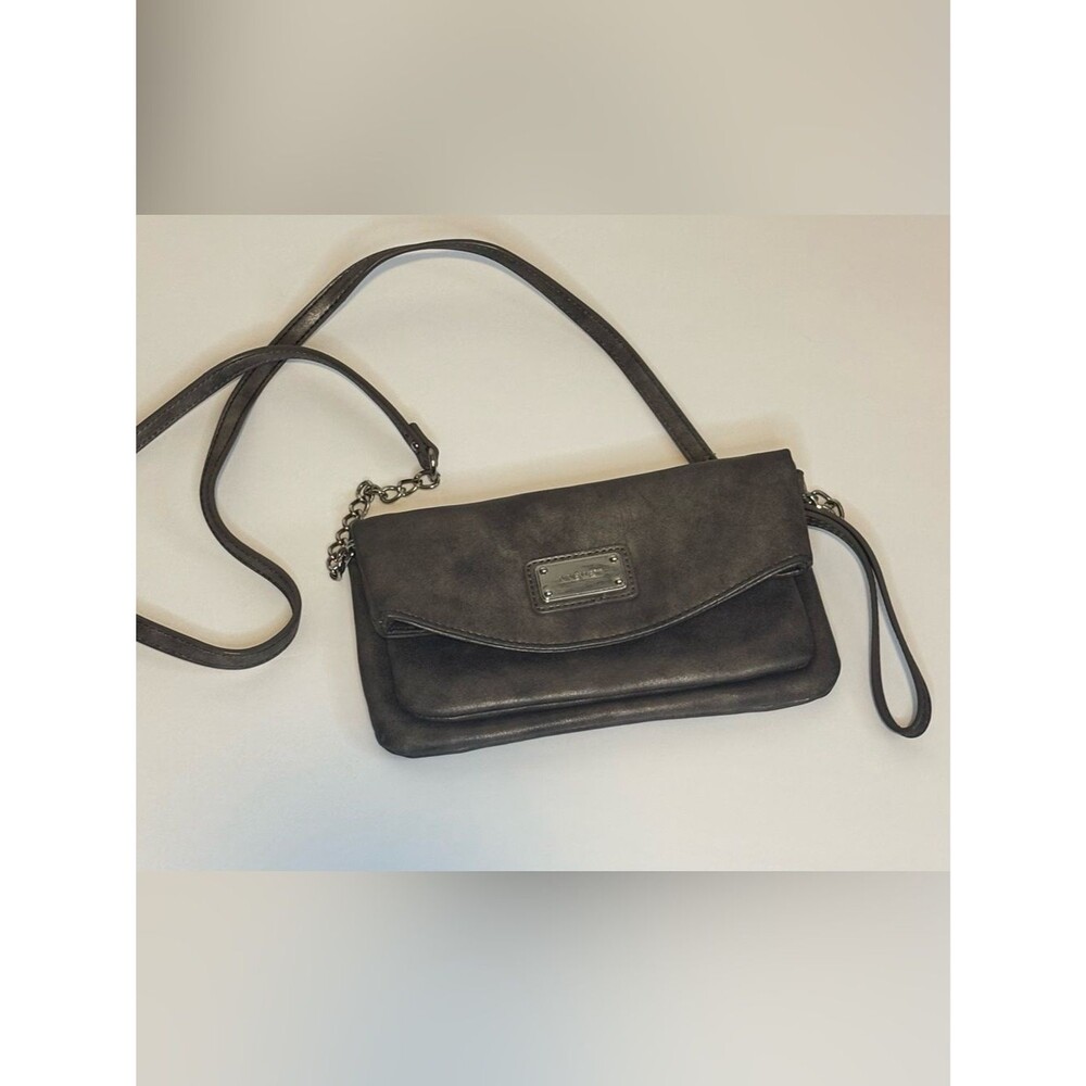 Nine West Silver Gray Fold-Over Crossbody Bag with Silver Chain Strap